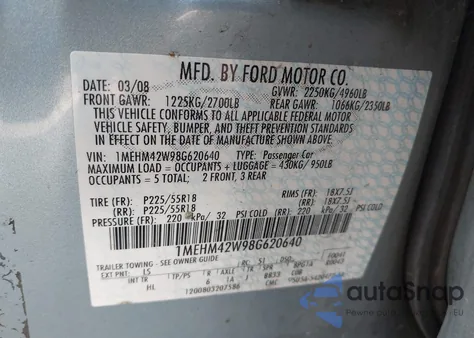 2008 Mercury Sable Premier from USA, damaged, VIN 1MEHM42W98G620640